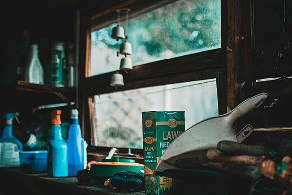 Photo of garden tools in a garage